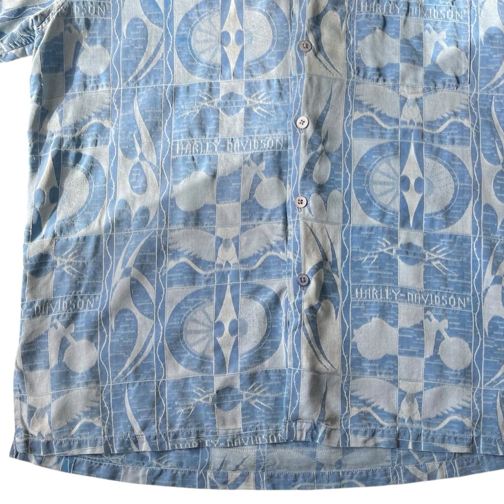 Harley Davidson Silk Baby Blue Pattern Button Down Short Sleeve Shirt - Picture 3 of 5